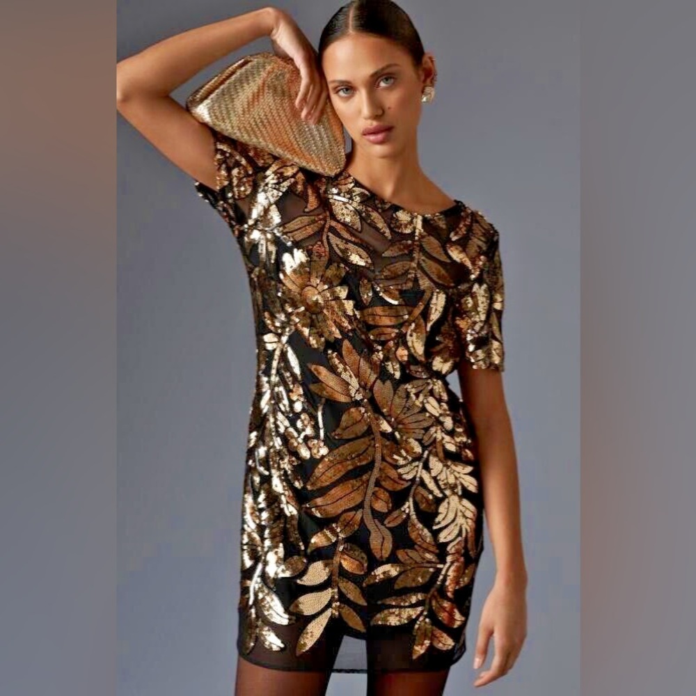 Anthropologie Black Mini Dress with Gold Sequin Leaf Appliqué